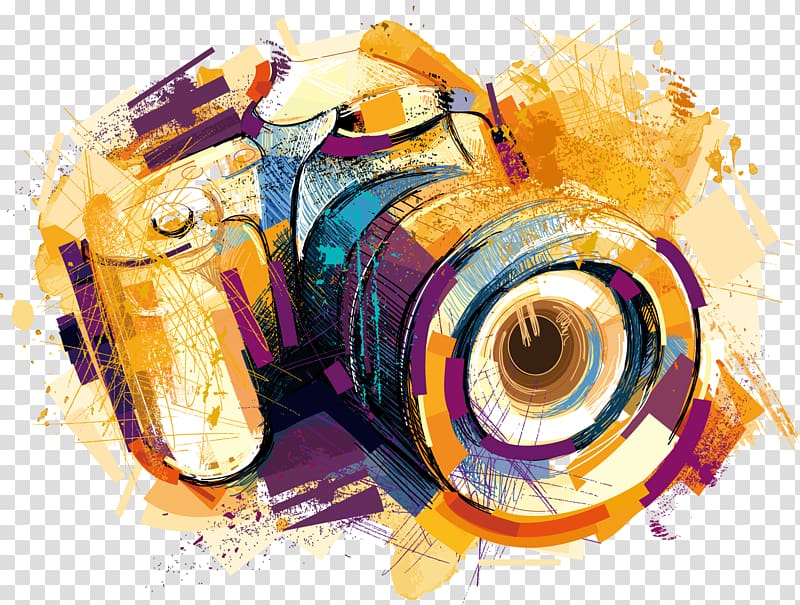 Gambar Kamera, kamera efek cat air, ilustrasi kamera kuning dan ungu