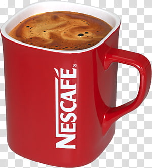 Merah dan putih Nescafe  mug keramik diisi dengan kopi  